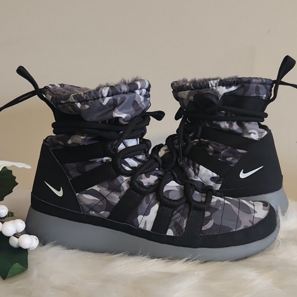 Nike Roshe One. High black camo winter boots. Size 7